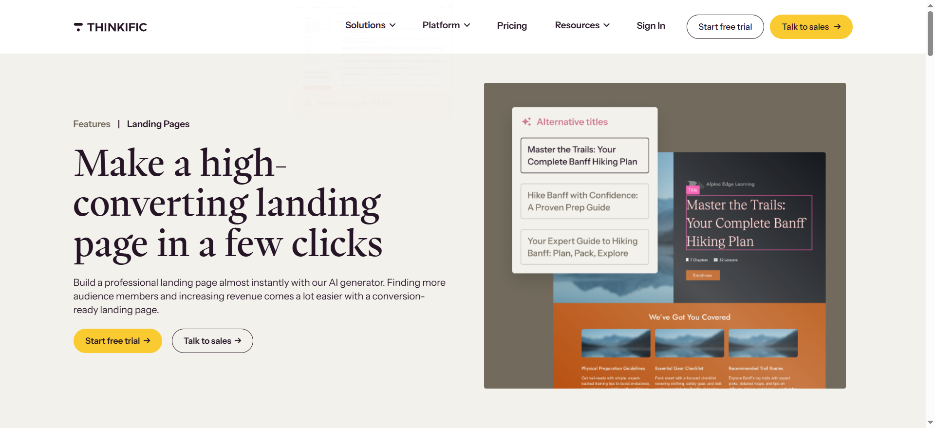thinkific landing page